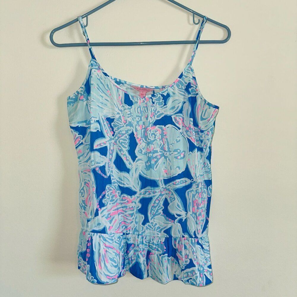 Lilly Pulitzer Bay Blue Into the Deep Coral Tank Top SIZE SMALL